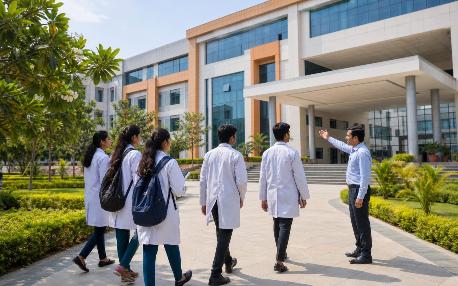 Pharmacy students and faculty outside a modern college campus