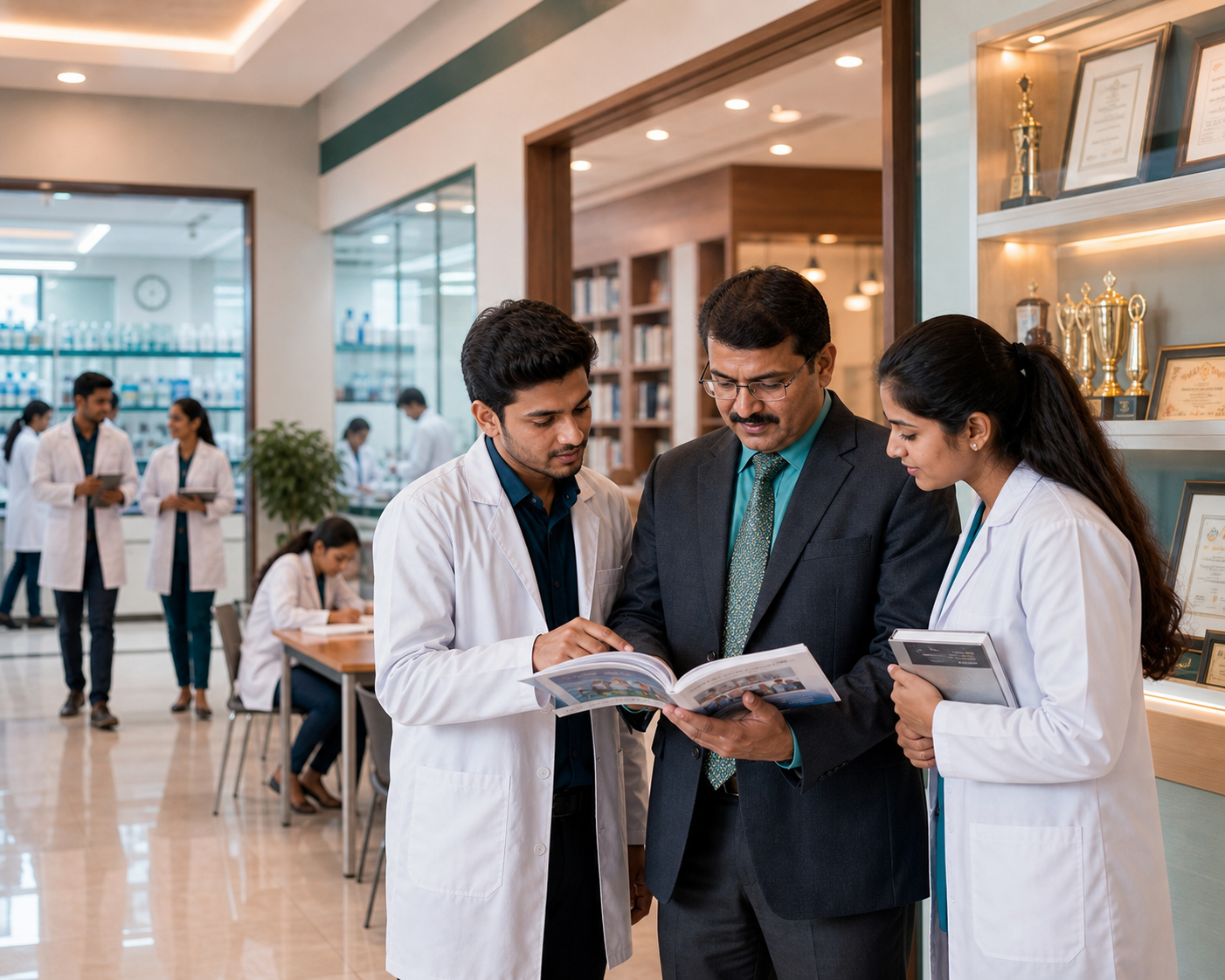 Faculty and pharmacy students reviewing academic materials near a college achievement display