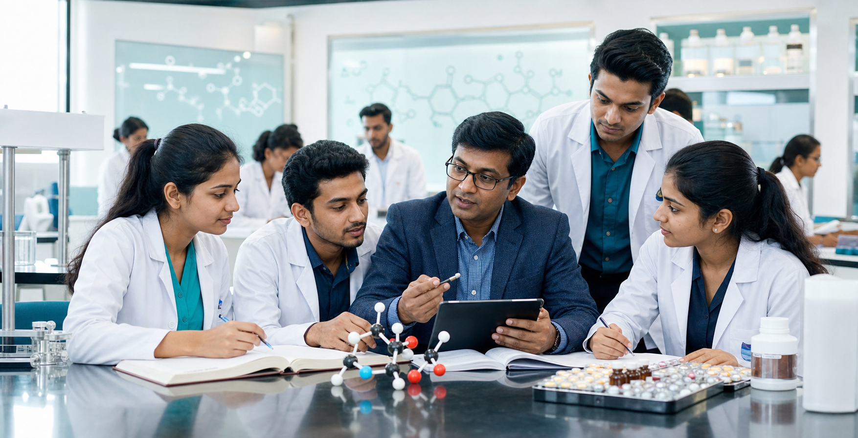 Pharmacy students learning in a modern college environment
